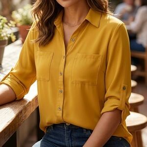 COLORI Signature Mustard Yellow Roll Tab Button Down Blouse - Made in Canada